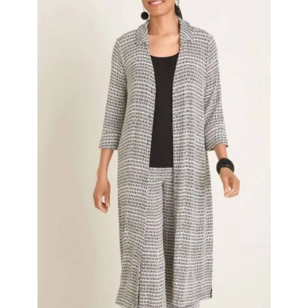 Chicos Duster Cardigan Sz 1/ 8 Travelers Lagenlook Artsy Boho Liquid Knit Slinky